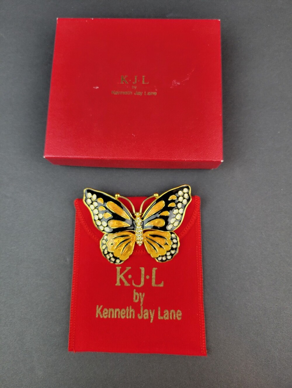 Vintage KJL Kenneth Jay Lane Monarch Butterfly Brooch Pin - Box & Pouch